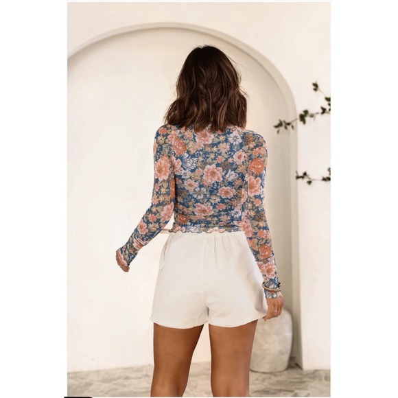 Magnolia Boutique Blue Floral Sheer Mesh Top Mock Neck L Boho Indie Y2K Coquette - Picture 2 of 9